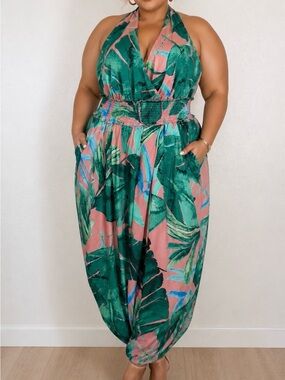 New York & Company Green and Pink Tropical Halter Dress